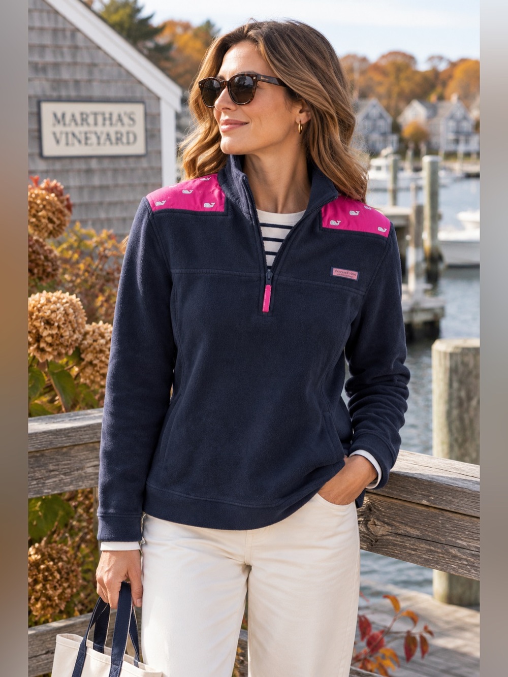 Vineyard Vines Navy Quarter-Zip Pullover with Pink Whale Yoke